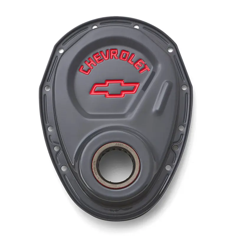 Chevrolet Performance Small-Block Timing Chain Cover – Shark Gray Steel With Bowtie Logo (141-883) 1