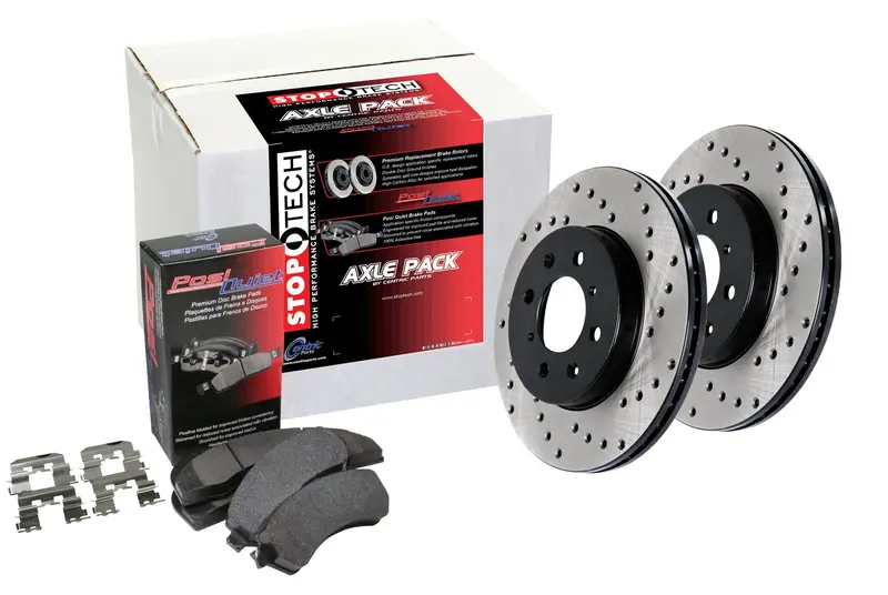 Stoptech 936.39003 Street Brake Kit – Drilled Front And Rear Rotors With Premium Pads 1