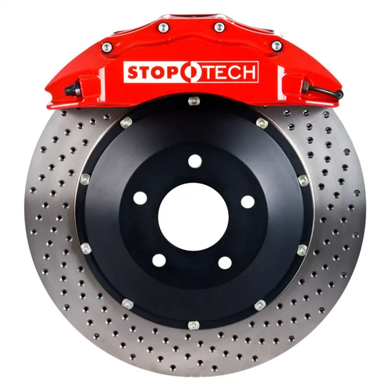 Stoptech Big Brake Kit – Rear Drilled Two-Piece Rotors With Red Calipers 1